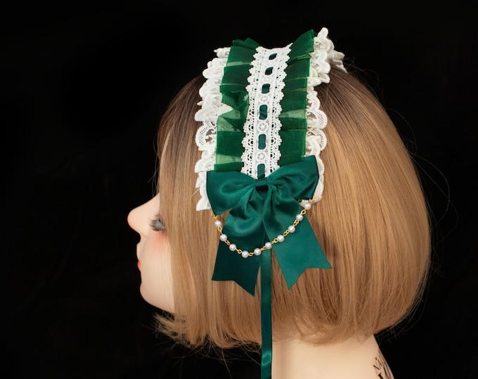 Lolita Maid Cute Headwear Headband Elegant Green White Ribbon Pearl Bows Beads Chain Lace Costume Halloween Cosplay Japanese kawaii