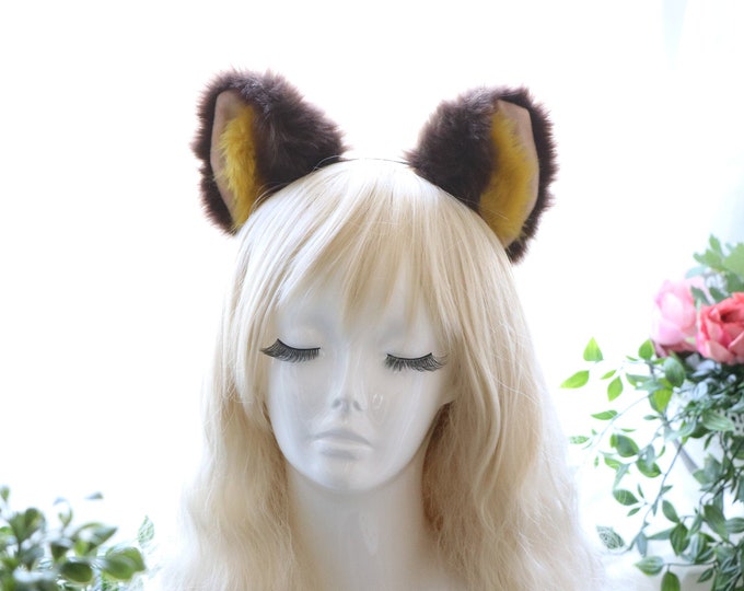 Big Cat ears Kitty Cosplay Headwear Brown Furry Yellow Fur Inside Animal Headband Costume