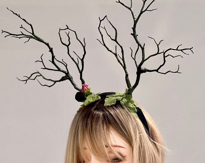 Dark Green with purple pink flowers Branch Horn Demon Nymph Horn Headdress Antlers Costume