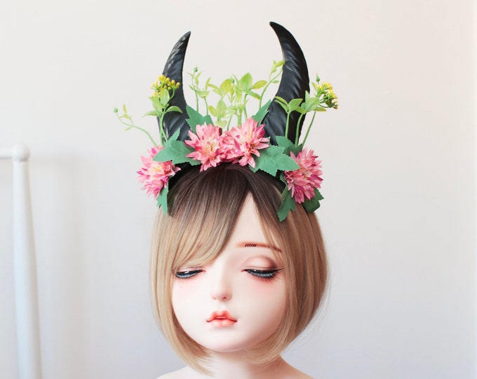 Dragon HORNS HEADDRESS - Flower Head Piece - Demon Horns Headpiece - Unique Head Piece - Forest Headdress - Head Piece Festival