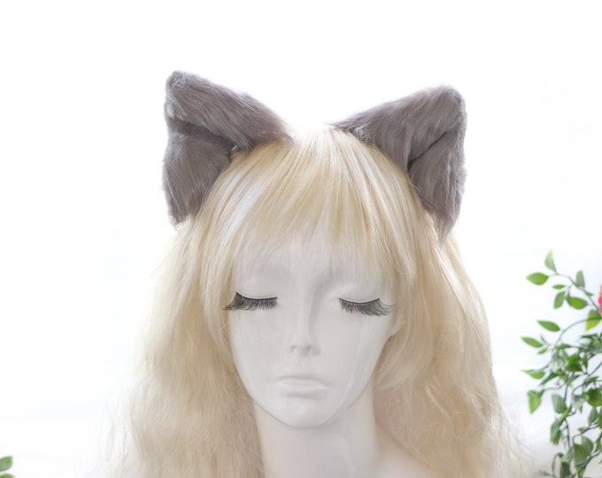 Gray Cat ears Kitty kitten Cosplay Anime Animal Headwear Long Mix Furry Animal Hair clip Hairpin Costume Natural Simulation
