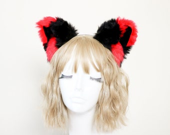 Cat ears Kitty Fox Ears Headwear Black/Red Furry Animal Headband Costume Bow Bells