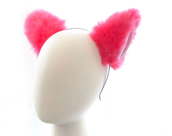 Fluorescent Pink Furry Cat Ears KItty Cute Costume Hairclip Headband 【NALUMI】