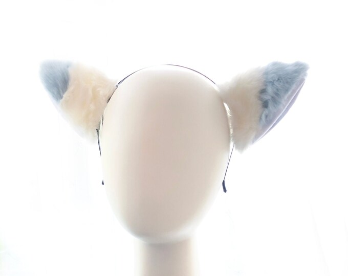 Light Blue And White Furry Cat Ears KItty Cute Costume Hairclip Headband 【NALUMI】