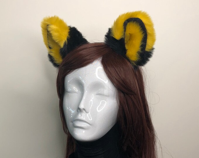 Big Cat Fox Ears Kitty Cosplay Headwear Bright Yellow Black Furry Soft Thick Fur Inside Animal Headband Costume