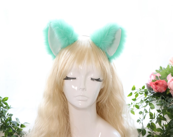 Big Cat ears Kitty Cosplay Headwear Tender Green Furry White Inside Animal Headband Costume