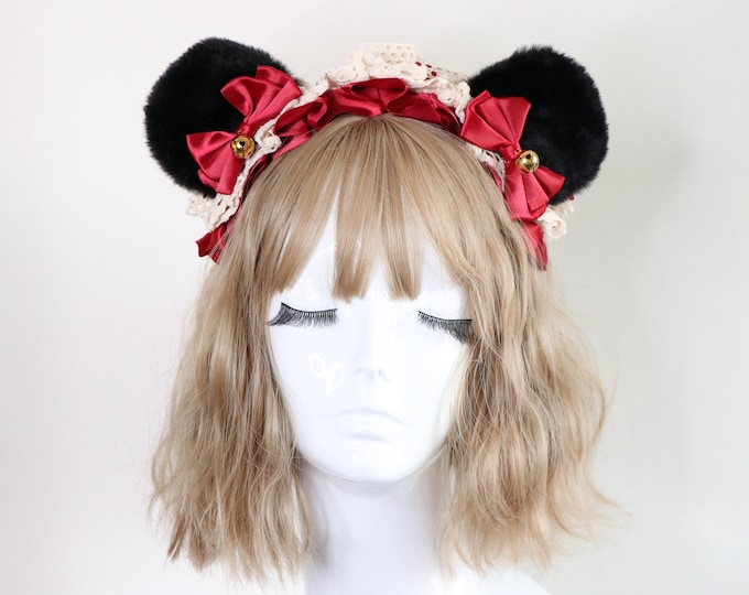 Bear Ears Black Cute Headwear Lolita Red Ribbon Jingle Bells Bows Lace Furry Animal Headband Costume Christmas Gift Halloween