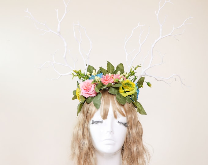 Colorful HORNS HEAD DRESS Unique Costume Forest Horror Headdress White Branch Horn Flowers Nymph Horn Headdress Headwear Antlers Halloween