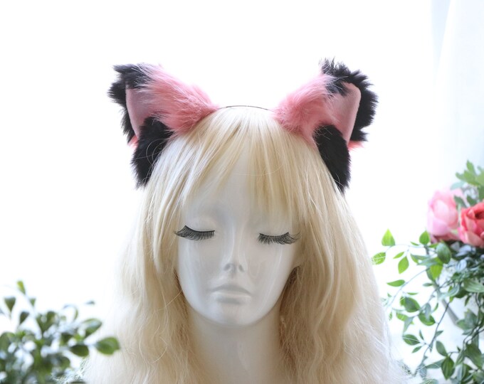 Cat ears Kitty Fox Ears Headwear Black/Watermelon Pink Furry Animal Headband Costume Bow Bells