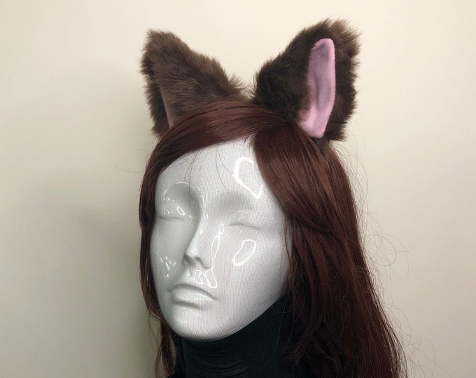 Cat ears Kitty Headwear Dark Brown Furry Pink inside Animal Headband Costume Bow Bells