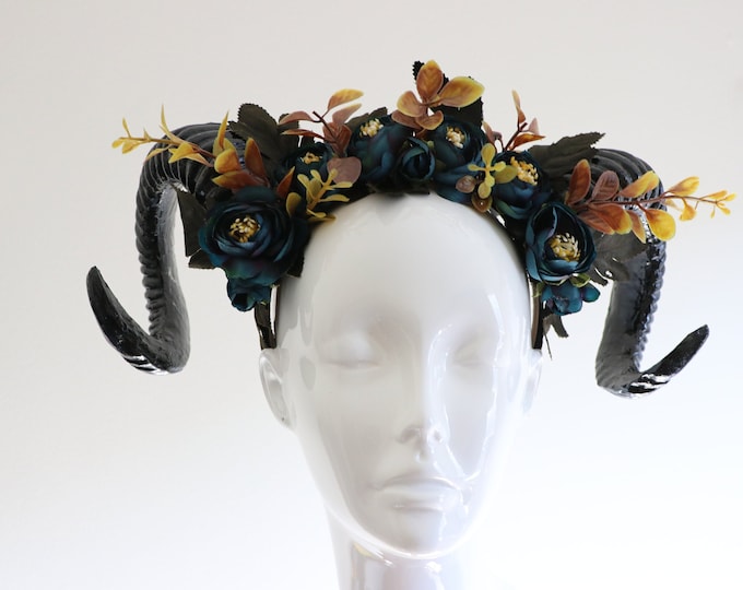 GOAT HORNS HEADDRESS - Flower Head Piece - Ram Horns Headpiece - Unique Head Piece - Forest Headdress - Head Piece Festival