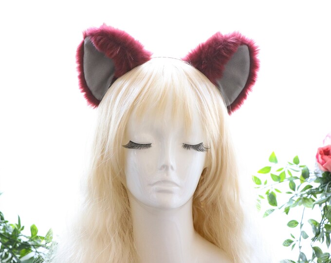Cat ears Kitty Headwear Red Wine Brown Red Grey Inside Furry Animal Headband Costume Bow Bells