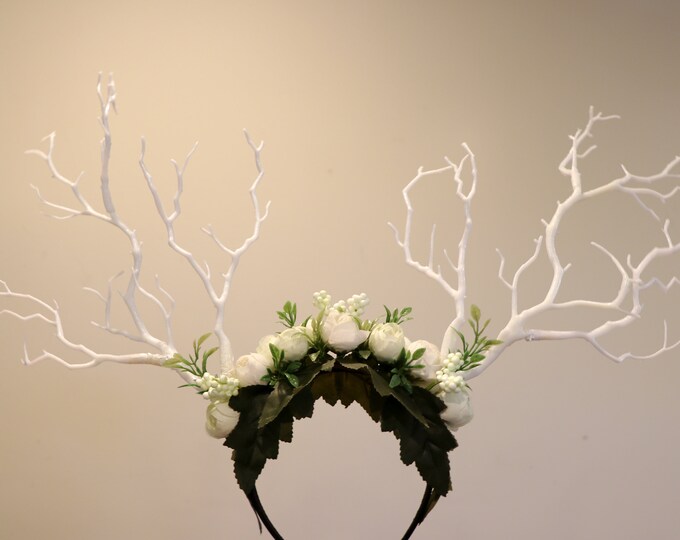 White Branch Horn Demon Nymph Horn Headdress Antlers White Rose Flowers
