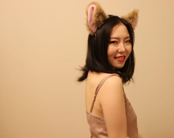 Cat ears Kitty Headwear Light Brown Pink inside Animal Headband Costume Bow Bells