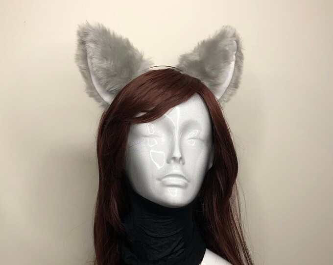 Big Cat ears Kitty Cosplay Headwear Light Gray Furry White Inside Animal Headband Costume