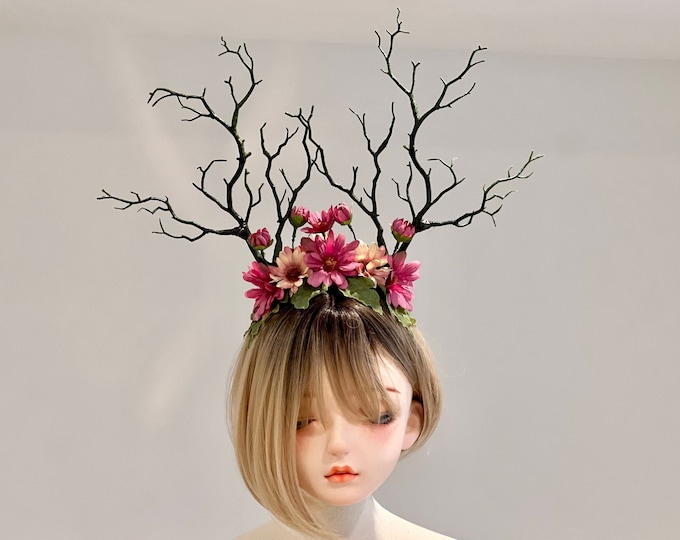 Green Branch Pink Daisy Flowers Horn Demon Nymph Horn Headdress Antlers 2