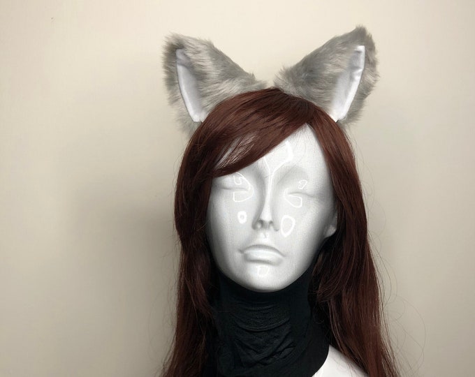 Cat ears Kitty Cosplay Headwear Light Gray Furry White inside Animal Headband Costume