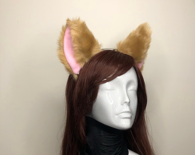 Big Cat ears Kitty Cosplay Headwear Light Brown Furry Pink Inside Animal Headband Costume