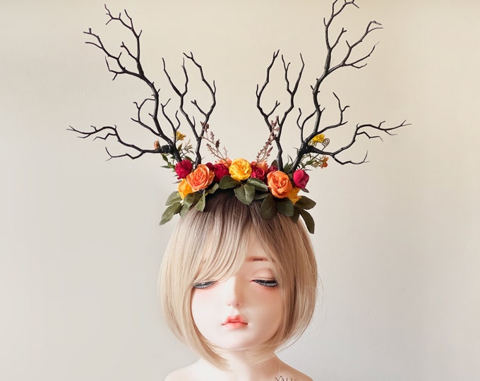 Black Forest Nymph Antler Headdress - Floral Red Orange Yellow Flowers Green Leaves Halloween Costume Headpiece【NALUMI】