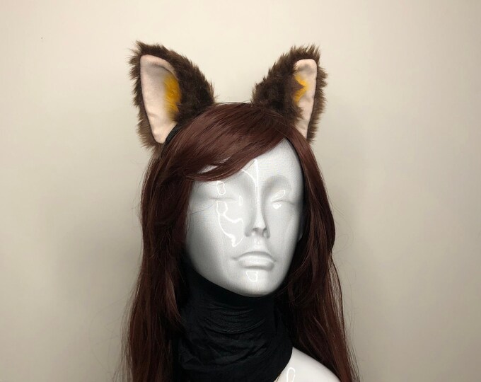 Cat ears Kitty Cosplay Headwear Brown Furry Yellow Fur Inside Animal Headband Costume