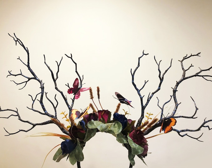 Black Branch Horn Blue Purple Rose Flowers with butterflies Nymph Forest Horn Headdress Antlers headwear