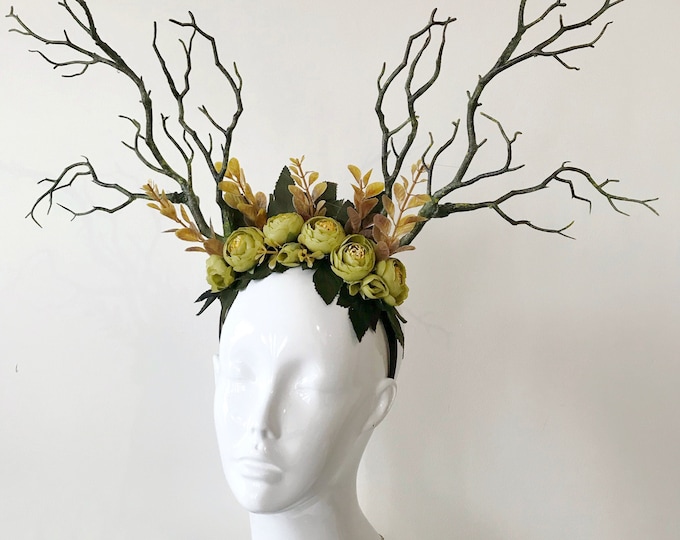 Black Branch Horn Demon Nymph Horn Headdress Antlers dark green peony flowers
