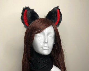 Big Cat ears Kitty Cosplay Headwear Black Furry Red Inside Animal Headband Costume