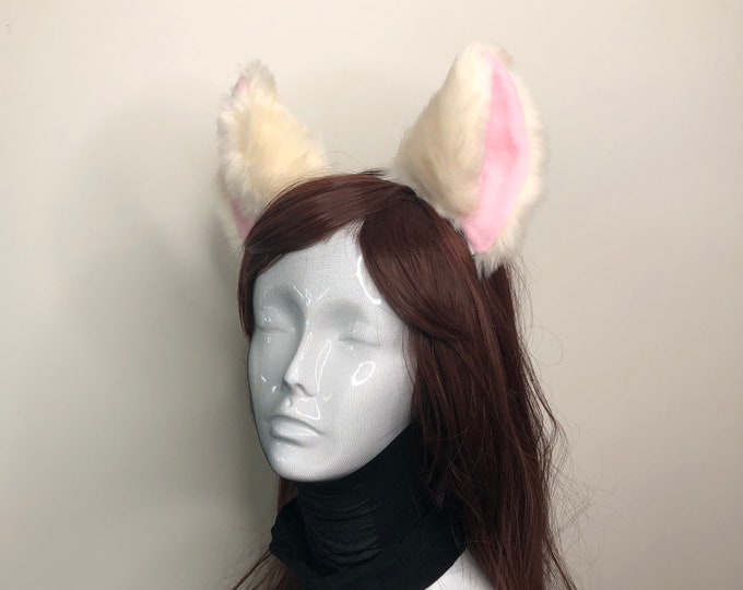 Big Cat Fox ears Kitty Cosplay Headwear Beige Furry Pink inside Animal Headband Costume