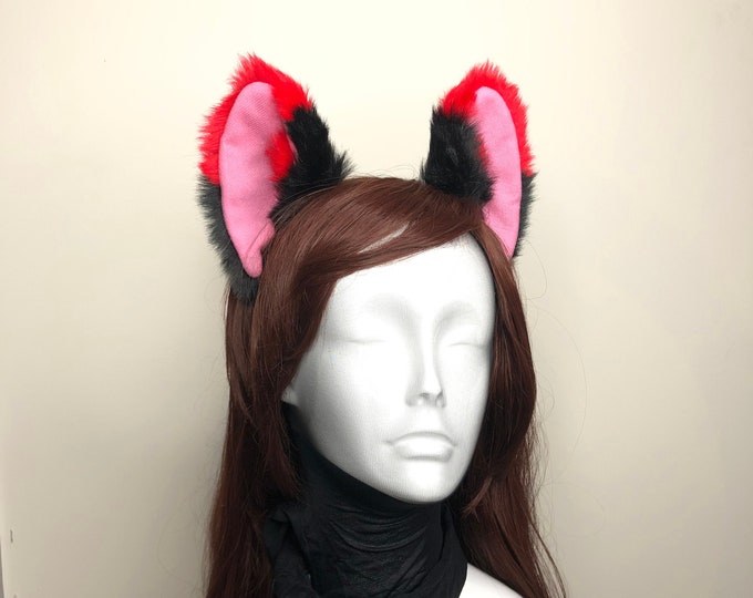 Big Cat ears Kitty Headwear Black Red Furry Pink Inside Animal Headband Costume