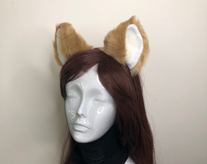 Big Cat ears Kitty Fox Headwear Light Brown Soft Furry White Soft Fur inside Animal Headband Costume