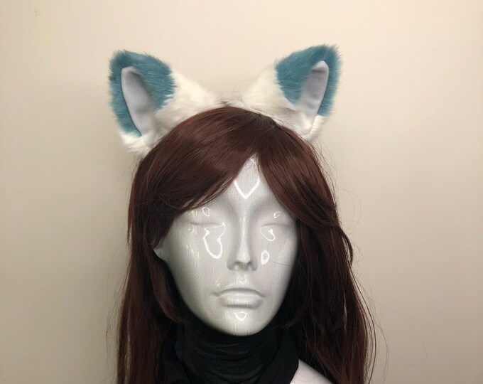 Big Cat ears Kitty Headwear White Furry Indigo on Top White Fur inside Animal Headband Costume