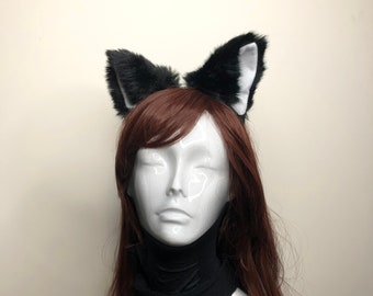 Big Cat ears Kitty Headwear Black and White Furry White Inside Animal Headband Costume