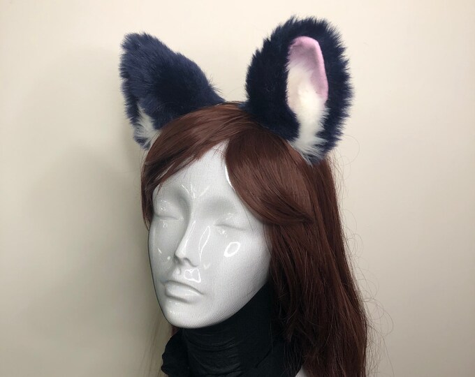 Big Cat ears Kitty Fox Headwear Dark Blue Furry Pink Soft White Fur inside Animal Headband Costume