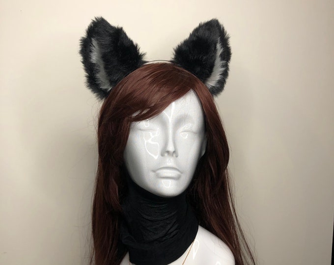 Big Cat ears Kitty Cosplay Headwear Black Gray Furry Gray Fur Inside Animal Headband Costume
