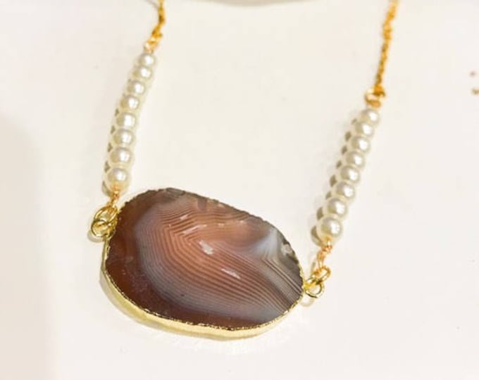 Natural Beige Brown Stone Necklace Gold Chain
