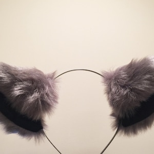 Cat ears Kitty Headwear Dark Warm Grey Black Inside Furry Animal Headband Costume Bow Bells