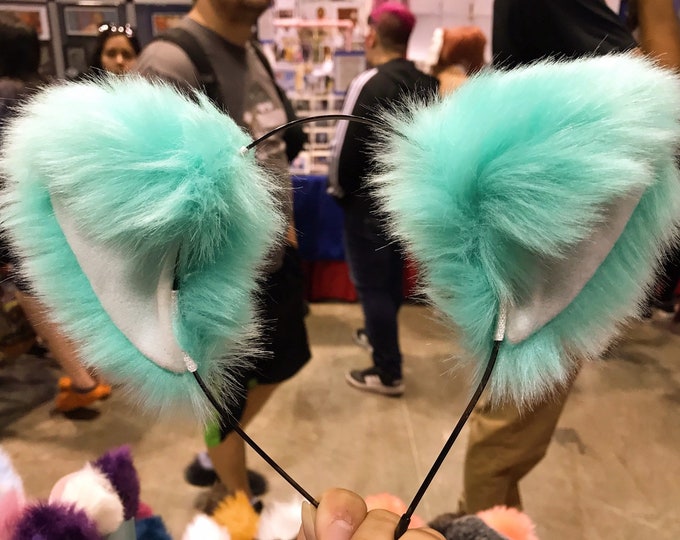 Big Cat ears Kitty Headwear Light Green White inside Furry Animal Headband Costume Bow Bells