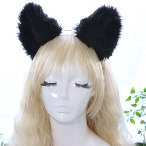 Big Cat ears Kitty Headwear Whole Black Thick Furry Black Fur Inside Animal Headband Costume Cosplay