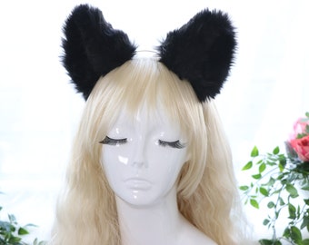 Big Cat ears Kitty Headwear Whole Black Thick Furry Black Fur Inside Animal Headband Costume Cosplay