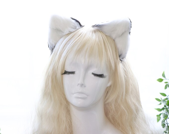 Black White Cat ears Kitty kitten Cosplay Anime Headwear Long Mix Furry Animal Hair clip Hairpin Costume Natural Simulation