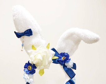 Bunny ears Rabbit Headwear Blue Furry Animal Headband Costume Bows Flowers Rose