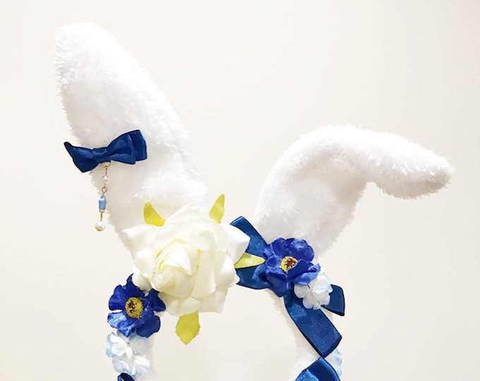 Bunny ears Rabbit Headwear Blue Furry Animal Headband Costume Bows Flowers Rose