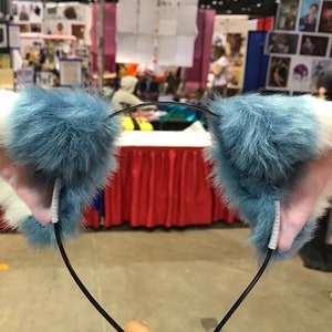 Cat ears Kitty Wolf Headwear Cerulean Blue Stitching White Furry Pink inside Animal Headband Costume