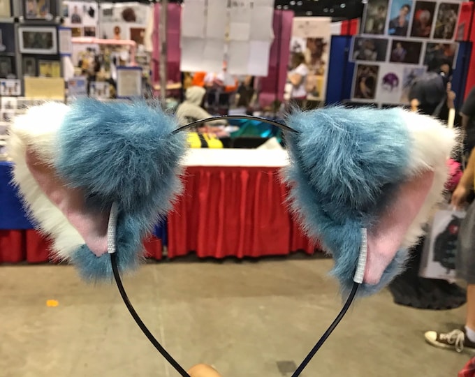 Cat ears Kitty Wolf Headwear Cerulean Blue Stitching White Furry Pink inside Animal Headband Costume