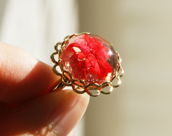 Resin Ring, Daisy Cherry Blossoms Silver Gold Plated Lace Circle Flower Red caldesia Rainbow Glow Reflection Sakura