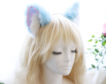 Big Cat ears Kitty Headwear Light Blue Sky Blue Pink White Fur inside Furry Animal Headband Costume Bow Bells