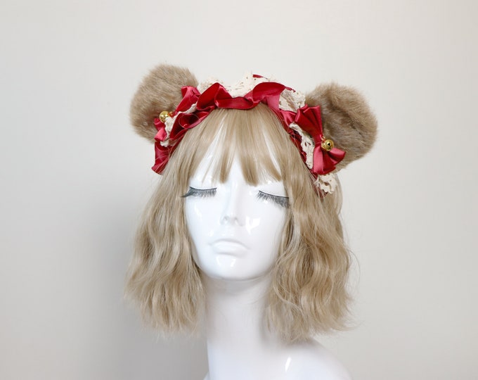 Bear Ears Teddy Brown Cute Headwear Lolita Red Ribbon Bells Bows Jingle Lace Furry Animal Headband Costume Halloween