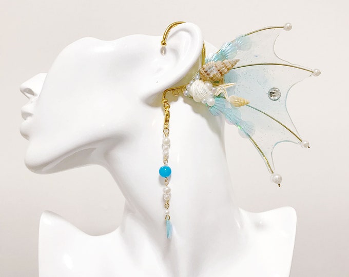 Light Blue Lake Sky Mermaid Earring Sea Shell Fairy Ears Elven Ears Earcuffs cosplay fantasy decoration Nature Fish Fin photography【NALUMI】