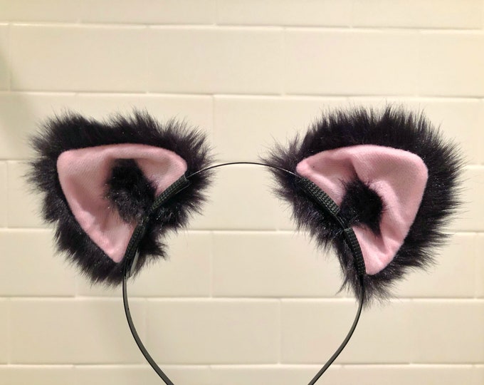 Front Cat ears Kitty Headwear Black soft Furry Pink inside Animal Headband Costume Bow Bells Christmas