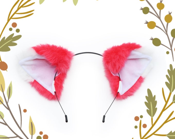 Cat ears Kitty Fox front ears Cosplay Headwear  Fluorescent red Furry White inside Animal Headband Costume